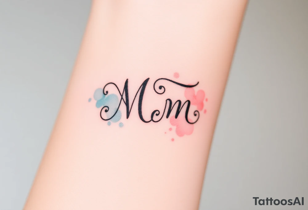 A mother and child’s initials intertwined in a flowing script, with soft pastel watercolor splashes in the background tattoo idea