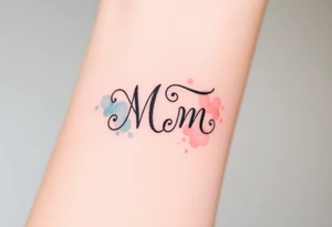 A mother and child’s initials intertwined in a flowing script, with soft pastel watercolor splashes in the background tattoo idea