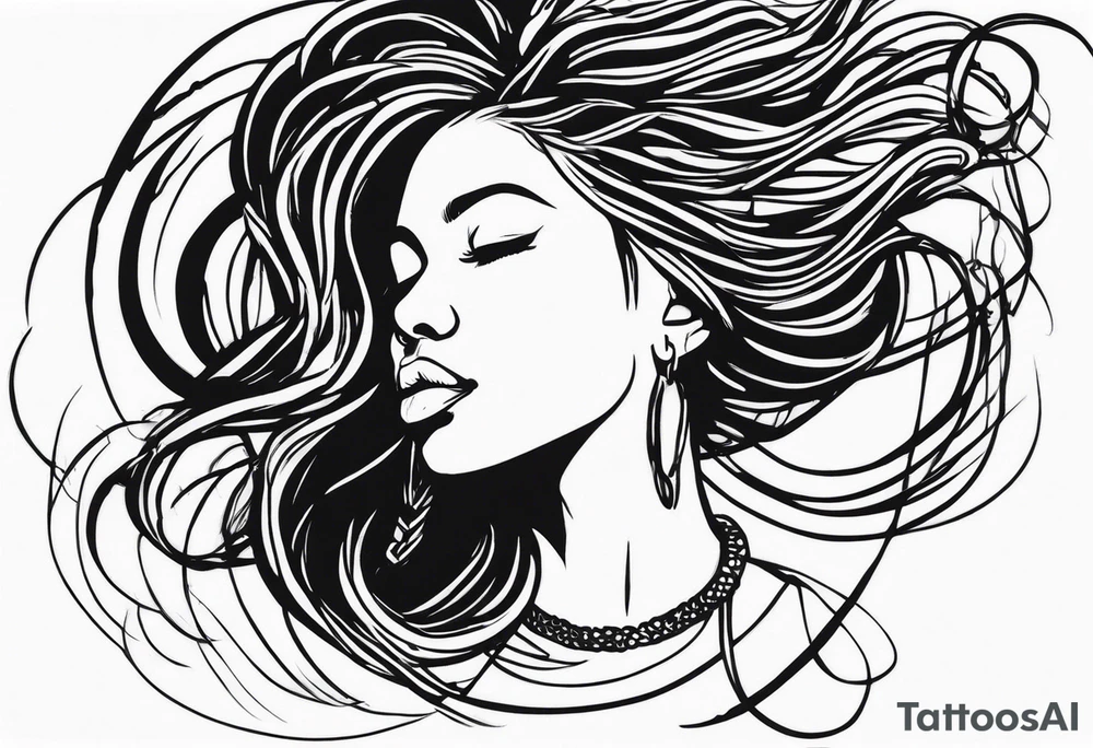 Draw a women head with dread locks flying in the air tattoo idea