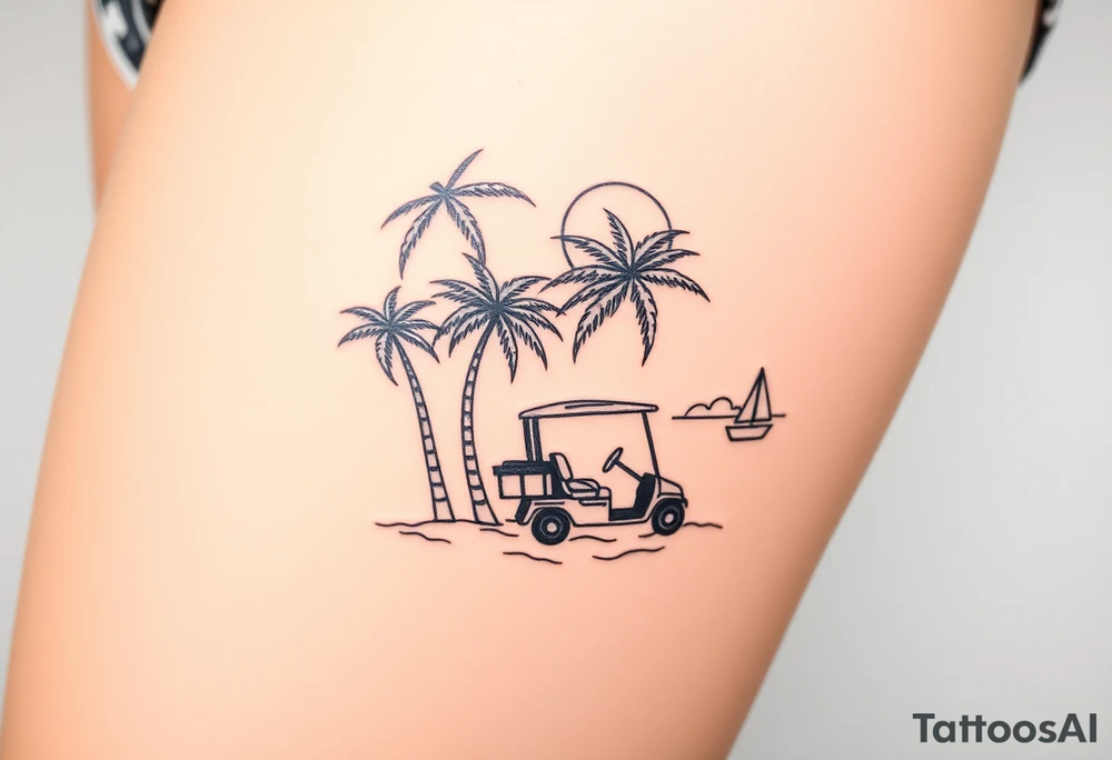 small, palm trees, beach vibe, golf cart, sun, water, boat, relaxing tattoo idea