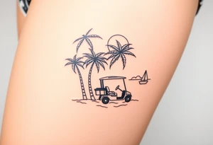 small, palm trees, beach vibe, golf cart, sun, water, boat, relaxing tattoo idea