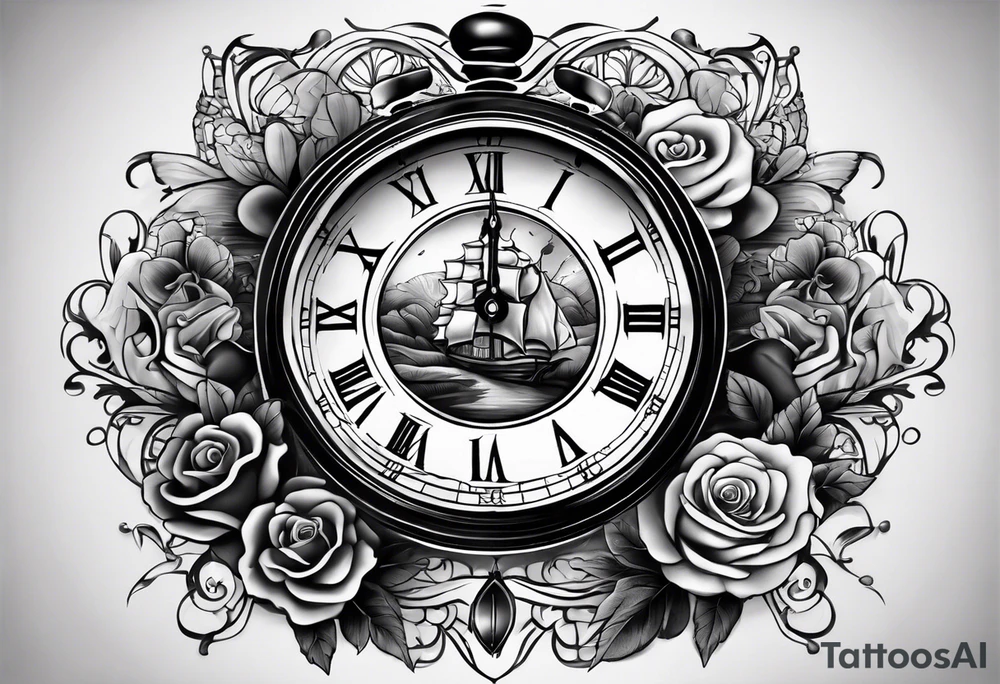 a tattoo mixing a clock and an hourglass in black and white where the year 1979 appears. tattoo idea