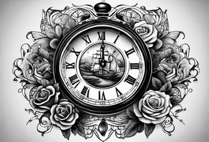 a tattoo mixing a clock and an hourglass in black and white where the year 1979 appears. tattoo idea