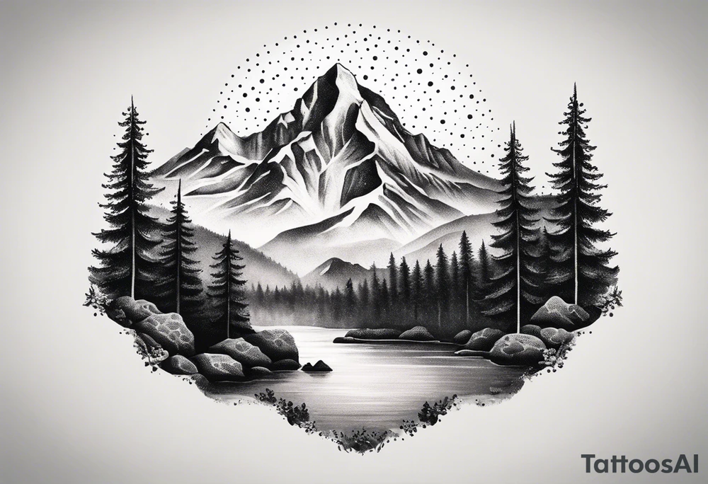 A snow capped mountain with pine trees and a river tattoo idea