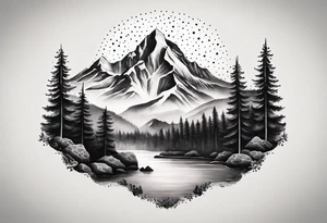 A snow capped mountain with pine trees and a river tattoo idea