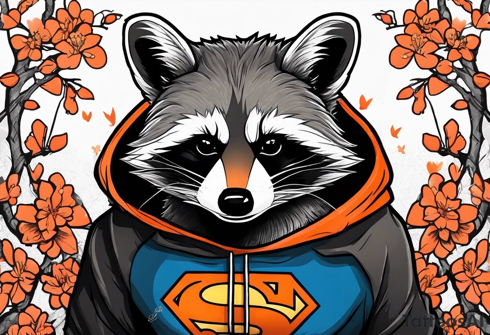 Raccoon wearing a white Superman logo on a black hoodie and orange Japanese cherry blossoms beside tattoo idea
