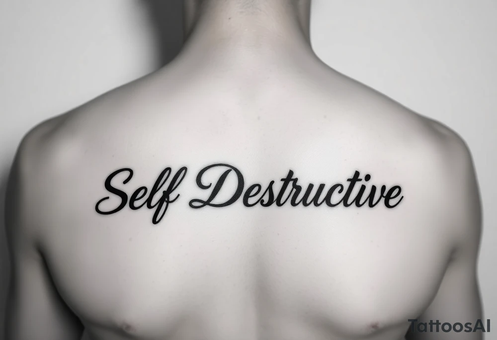 Outline of the words Self Destructive in a thick bold cursive font lettering across the chest tattoo idea