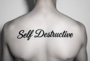 Outline of the words Self Destructive in a thick bold cursive font lettering across the chest tattoo idea