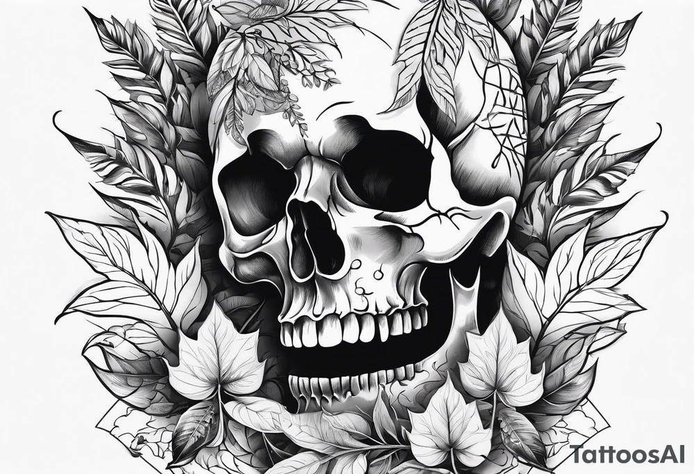 Skull and bones with leafs tattoo idea