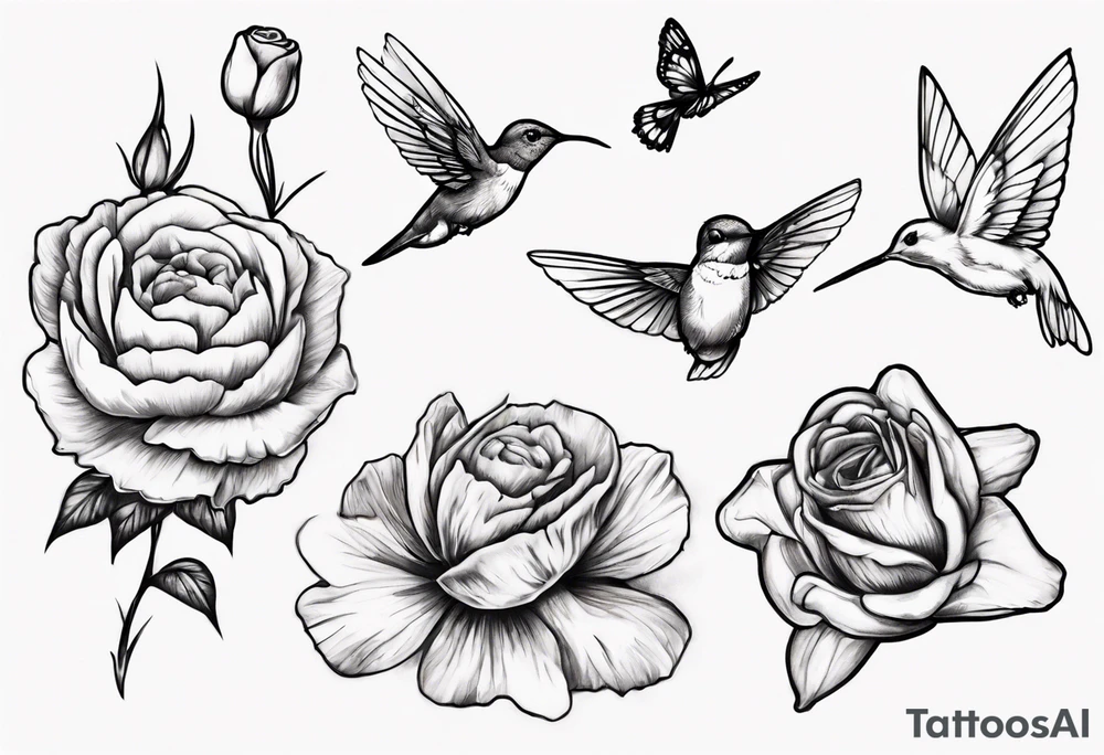 A sketch that goes down an arm of four flowers , Paperwhites flower, Peony flower, Cosmos Flower, Rose Flower, a hummingbird sucking on the rose flower and two butterflies flying. tattoo idea