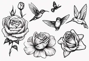 A sketch that goes down an arm of four flowers , Paperwhites flower, Peony flower, Cosmos Flower, Rose Flower, a hummingbird sucking on the rose flower and two butterflies flying. tattoo idea