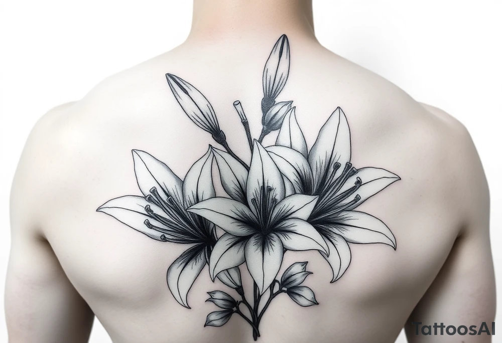 lillies, realistic, black and white tattoo idea