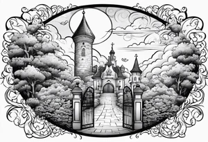 heaven summer town with tower houses gate entrance 
 in circle vignette surrounded by clouds tattoo idea