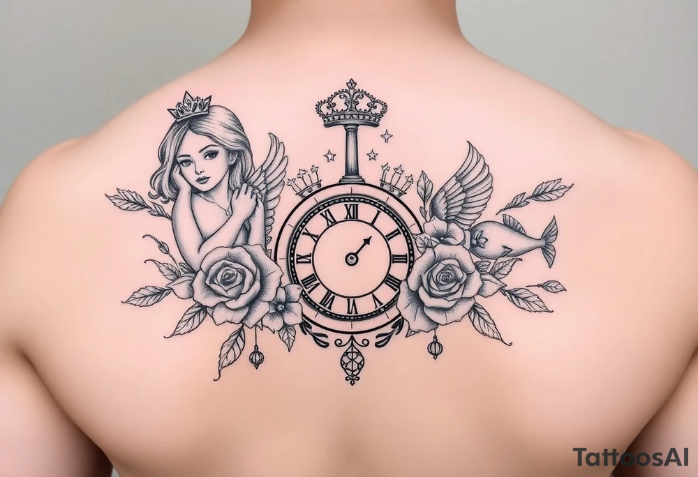 Roulette casino and princess and cross, baby angels, roses and clock and stars and fish, crown tattoo idea