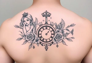 Roulette casino and princess and cross, baby angels, roses and clock and stars and fish, crown tattoo idea