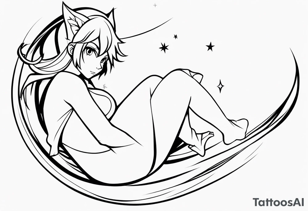 No color fairy with a tail inspired by the logo of the anime show called Fairy Tail in a fetal position leaning in and forward while in the air floating tattoo idea