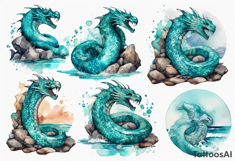 A sea serpent woman hybrid covered in turquois scales sitting on rocks by the ocean tattoo idea