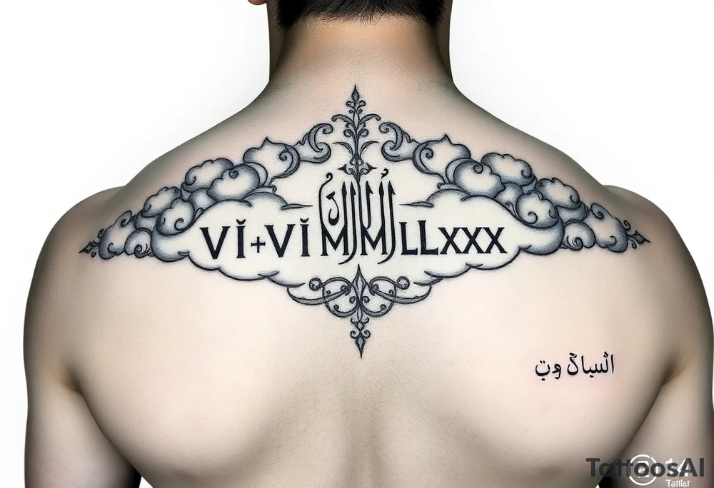 ruman numerals VI•VI•MCMLXXX above the right nipple overlapping from chest to shoulder, shaded up with clouds and somewhere on the same shoulder arabic writing لا تخف من شيء . tatoo should be on chest and not back and it should overlap into shoulder tattoo idea