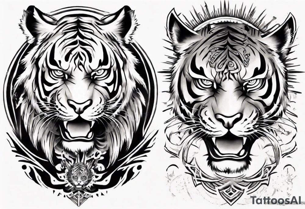 Tiger Warrior sleeve tattoo with lightning and the sun
Forearm sleeve tattoo idea