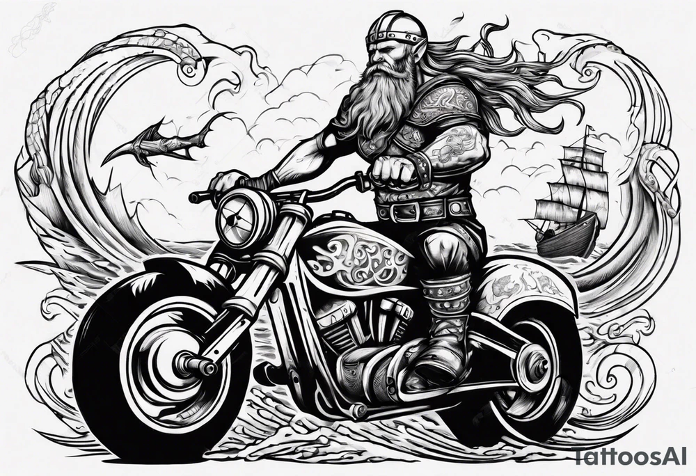 Viking on a motorcycle riding along the ocean tattoo idea