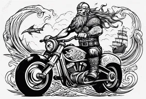 Viking on a motorcycle riding along the ocean tattoo idea
