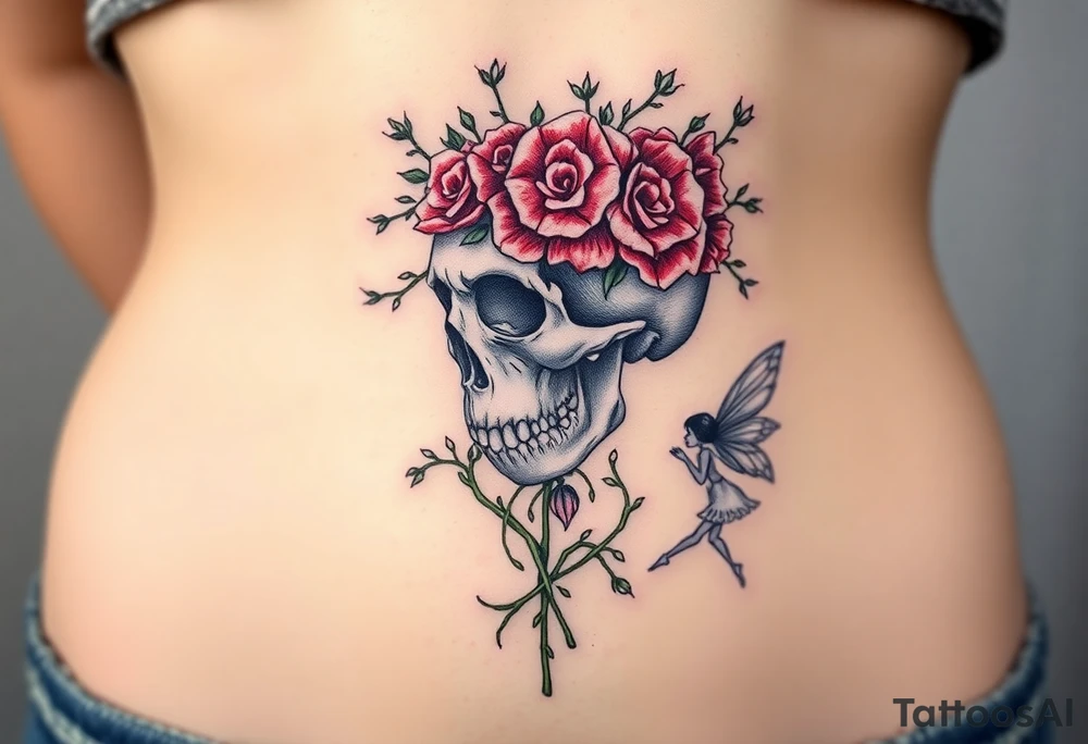 ornate skull adorned with crown of wild roses and thorns with a beautiful fairy with a young fairy following behind tattoo idea