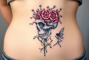 ornate skull adorned with crown of wild roses and thorns with a beautiful fairy with a young fairy following behind tattoo idea