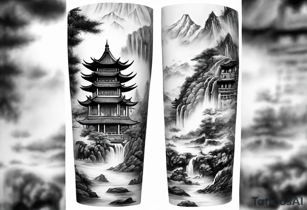 forearm sleeve traditional chinese art painting Chinese temple two old philosophers wearing robes and drinking tea mountains mist fog waterfall tattoo idea