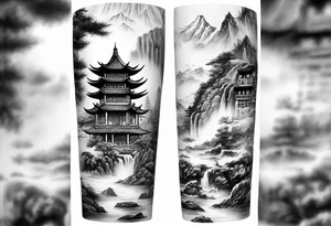forearm sleeve traditional chinese art painting Chinese temple two old philosophers wearing robes and drinking tea mountains mist fog waterfall tattoo idea