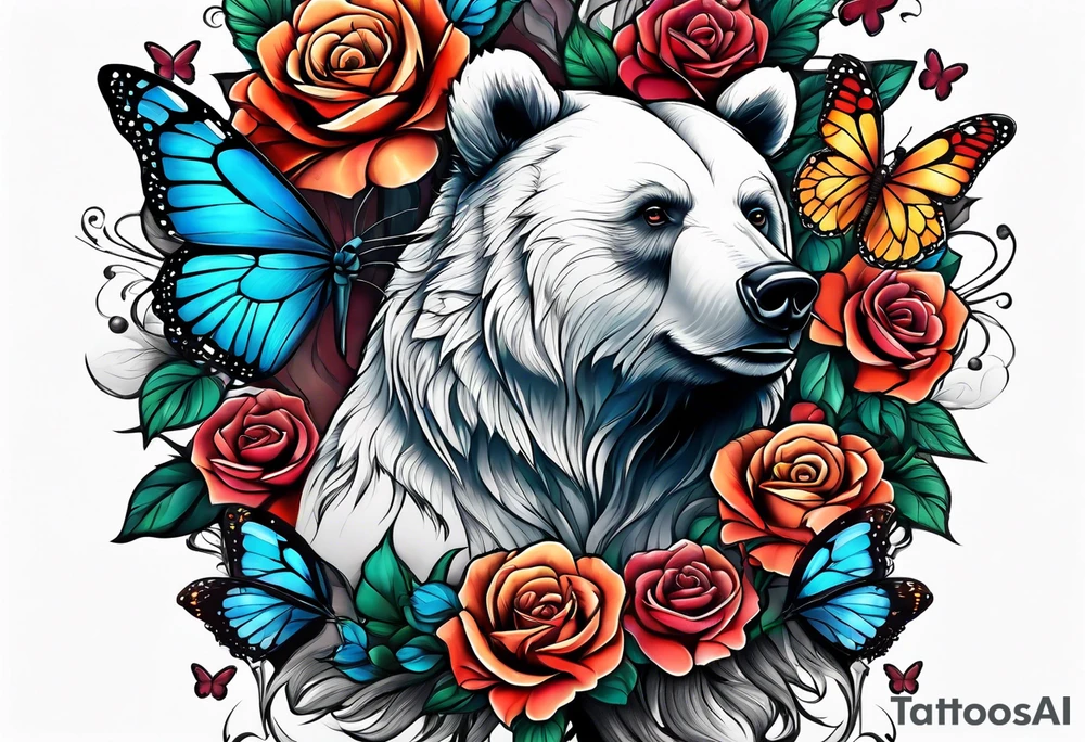 Bear under the tree of life with multiple colored roses and three butterflies for an upper arm tattoo. tattoo idea
