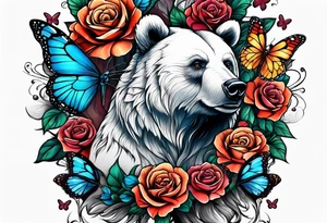 Bear under the tree of life with multiple colored roses and three butterflies for an upper arm tattoo. tattoo idea