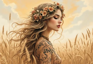 Alfons Mucha’s earthy maiden with honey-blonde waves, captured amid golden wheat and pale terracotta skies. tattoo idea