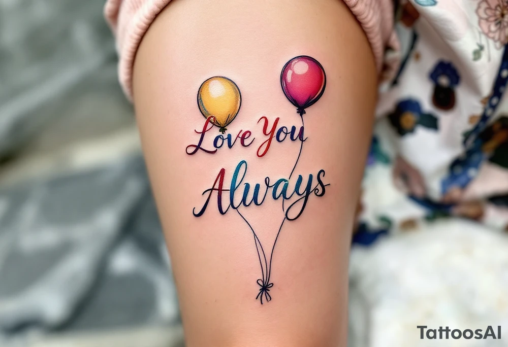 Bright balloons floating upward with “Love You Always” spelled across them in multicolor. tattoo idea