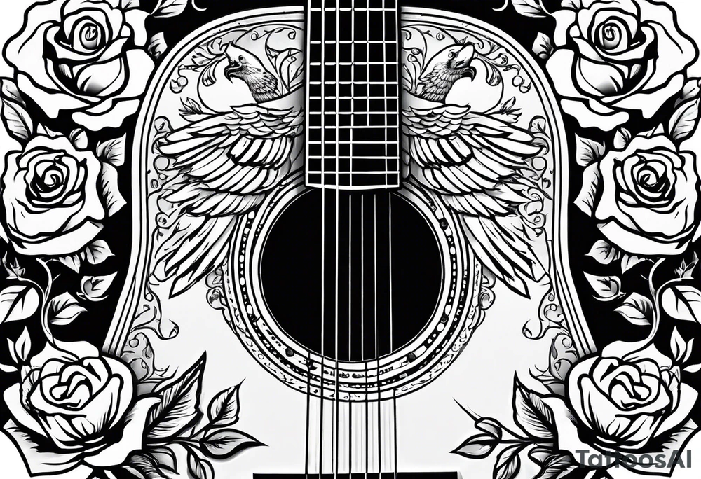 acoustic guitar with roses and eagles tattoo idea