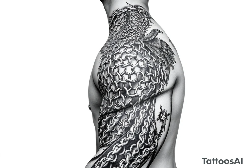 Huge shoulder tattoo of chainmail covering entire arm up to neck tattoo idea