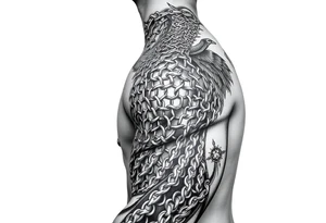 Huge shoulder tattoo of chainmail covering entire arm up to neck tattoo idea