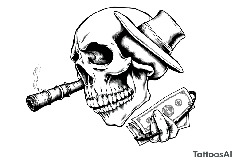 skull with cigar in his mouth,a mustache,a top-hat and money in a hand. tattoo idea