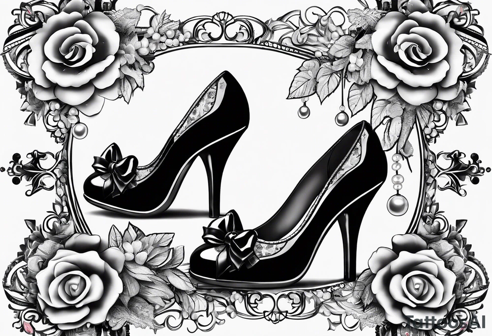 1950s pinup pumps and perfume bottle with hair bows, flowers, pearls, and lace tattoo idea