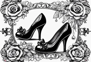 1950s pinup pumps and perfume bottle with hair bows, flowers, pearls, and lace tattoo idea