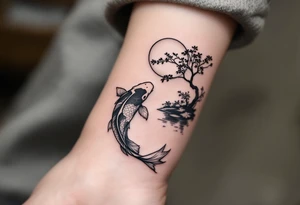 a koi fish swimming UPstream in a pond moonlight by the full moon with a sakura tree by the pond tattoo idea