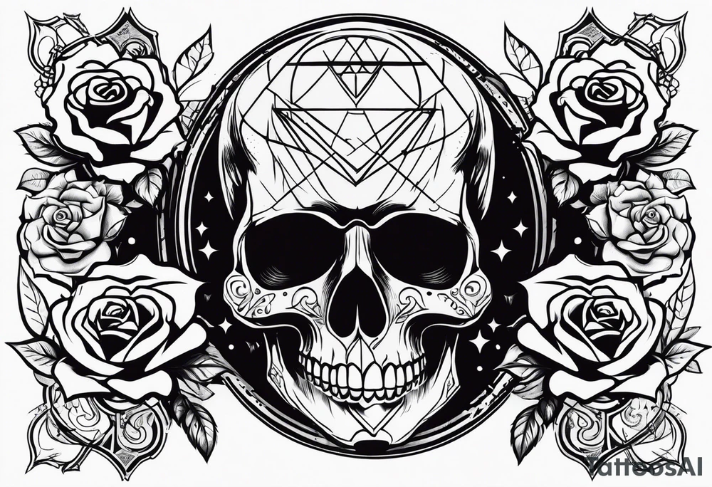 1 skull, 3 roses, metal music, masonic symbol tattoo idea