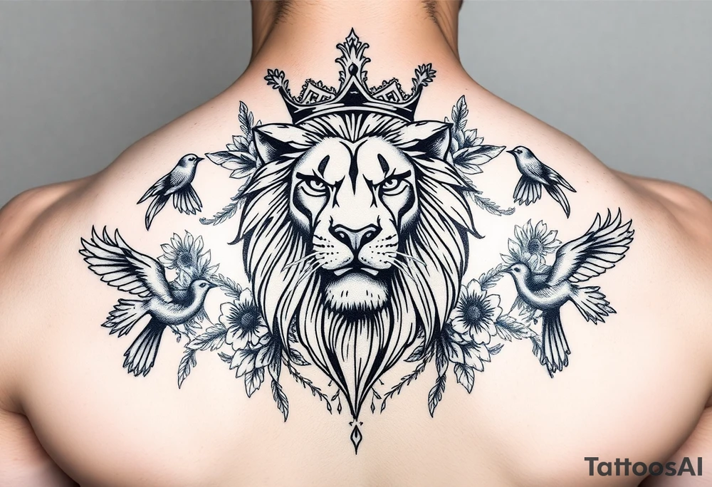 powerful majestic lion with a crown, surrounded by floral ornaments and birds tattoo idea