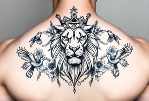 powerful majestic lion with a crown, surrounded by floral ornaments and birds tattoo idea