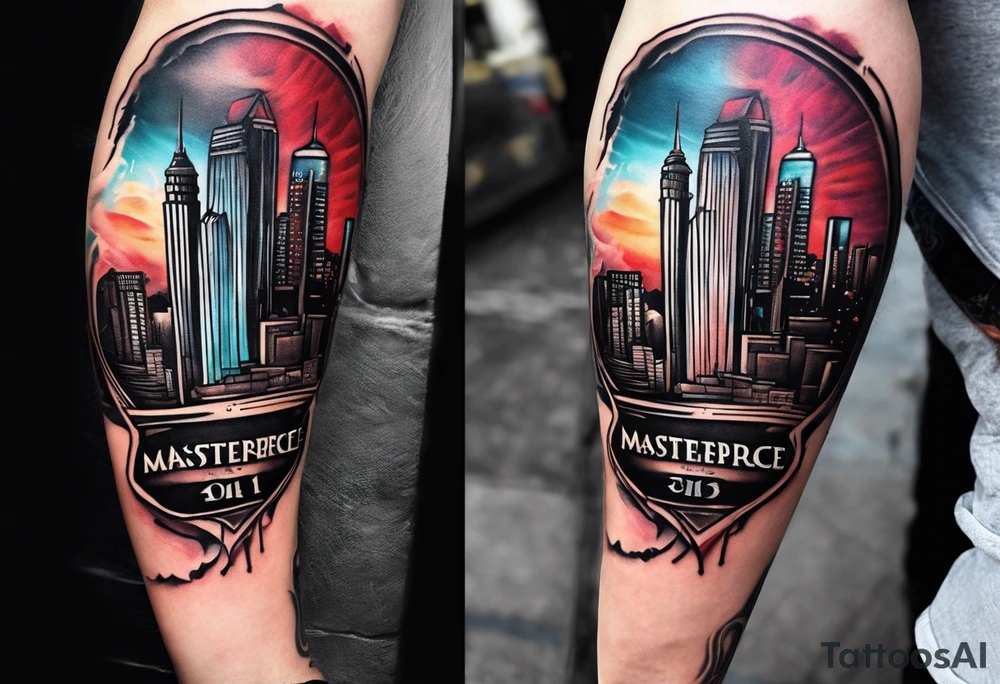 Can you show me a leg sleeve tattoo with The Atlanta A with the city behind it and a pair of Jordan 1’s hanging on a line on top the city tattoo idea