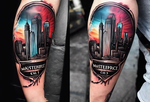 Can you show me a leg sleeve tattoo with The Atlanta A with the city behind it and a pair of Jordan 1’s hanging on a line on top the city tattoo idea