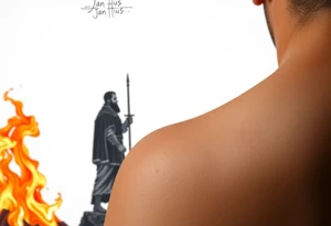 A silhouette of Jan Hus standing before a bonfire, with fiery orange and red shades blending into a deep blue sky. tattoo idea