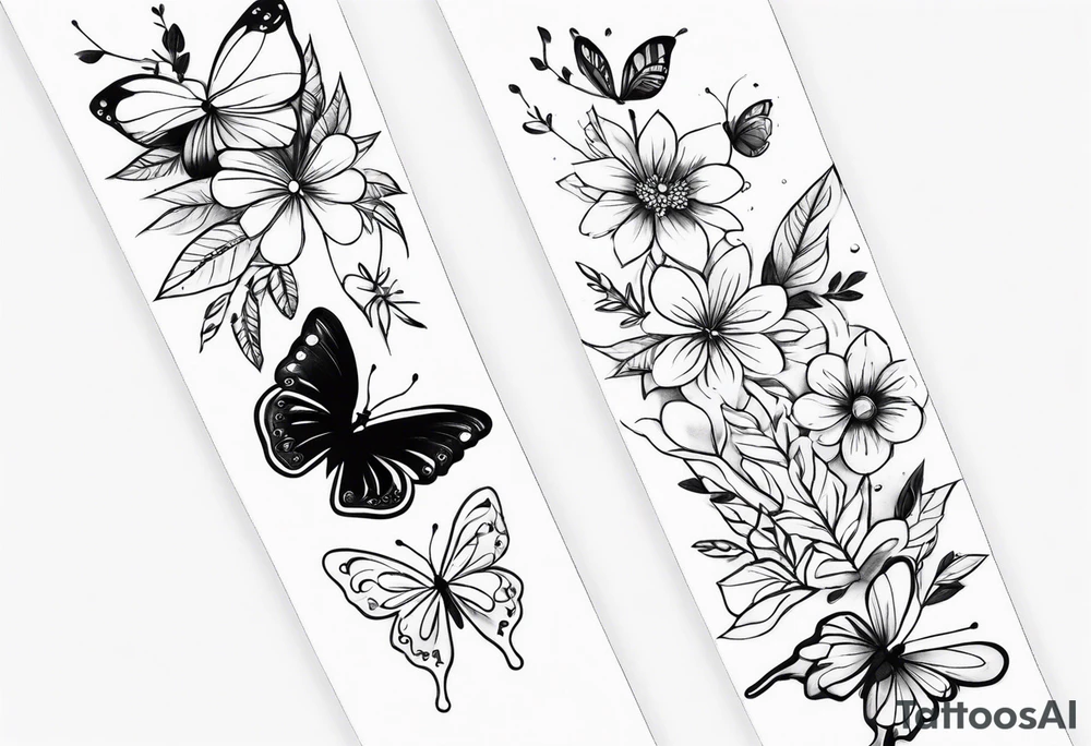 Butterflies in center of forearm with floral wrap around arm tattoo idea