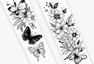 Butterflies in center of forearm with floral wrap around arm tattoo idea