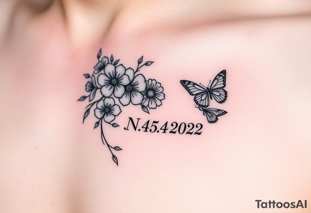 memorial tattoo with flowers and butterflies with the name “NANA” and the date “1954-2022” on the side of the rib cage tattoo idea