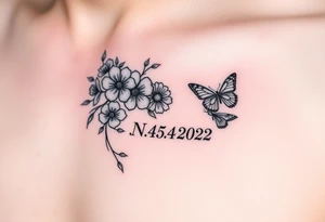 memorial tattoo with flowers and butterflies with the name “NANA” and the date “1954-2022” on the side of the rib cage tattoo idea